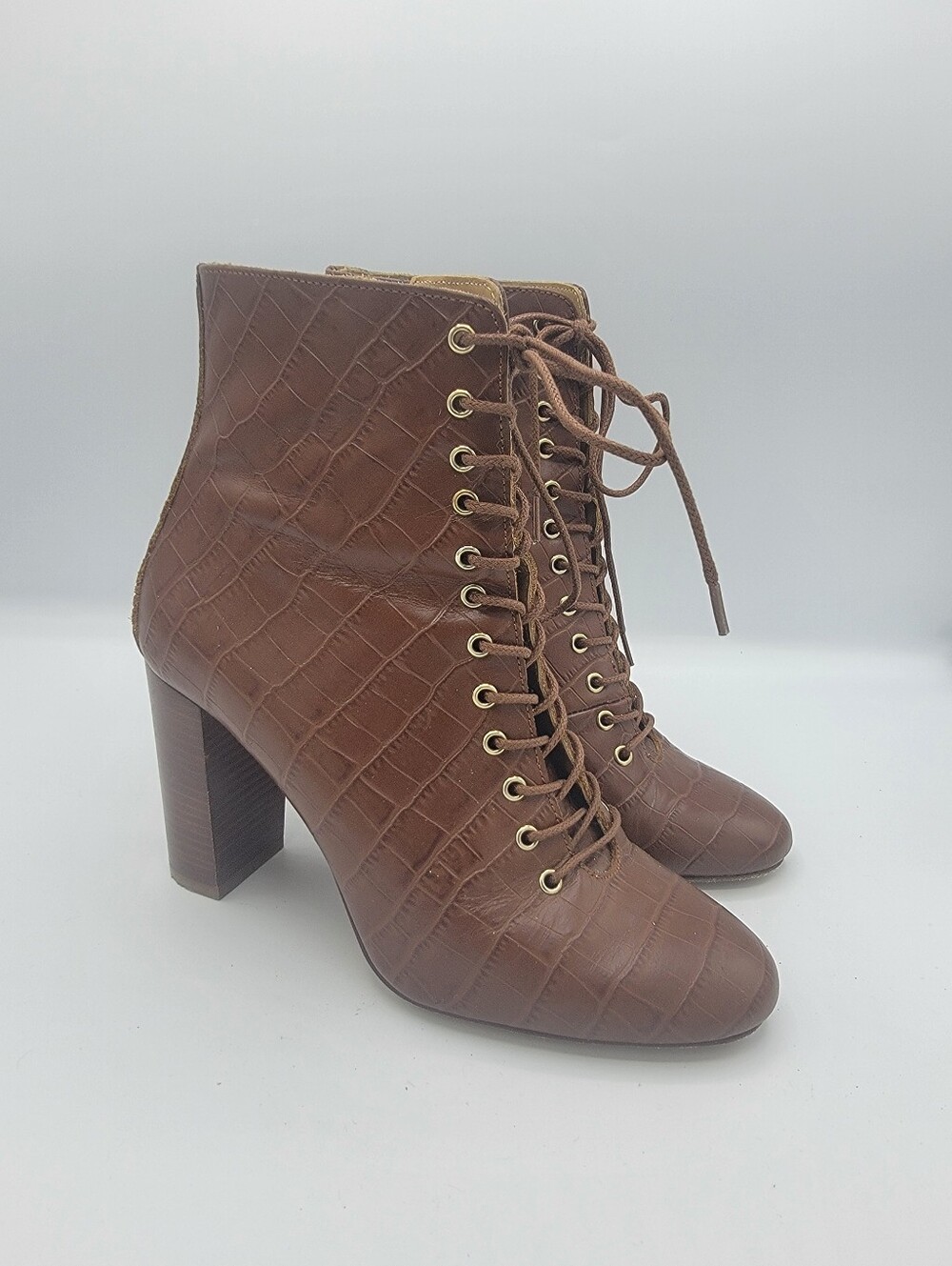 Sezane Brown Croc-Embossed Leather Block Heel Boots
